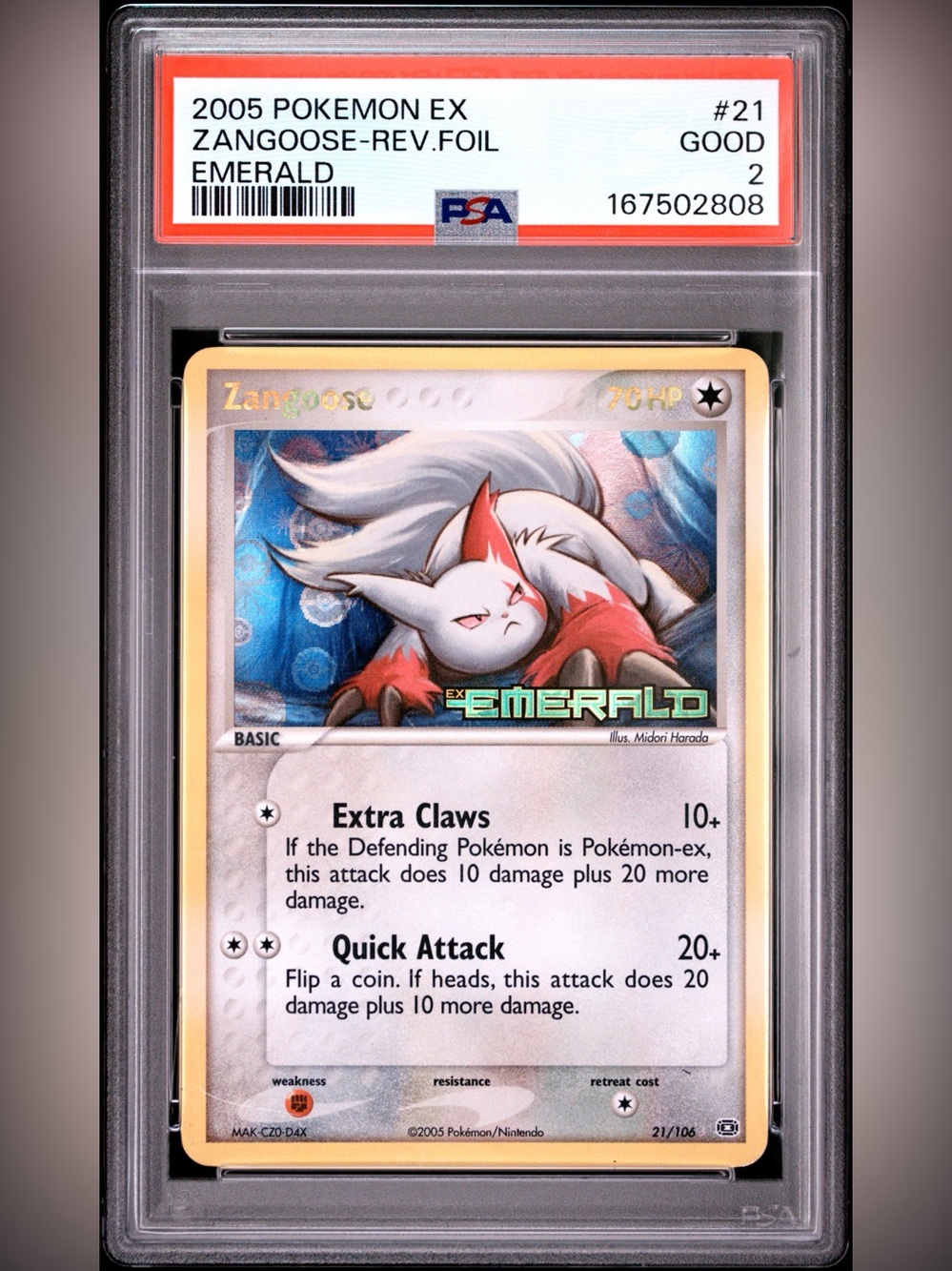 2005 POKEMON EX EMERALD 21 ZANGOOSE-REVERSE FOIL PSA 2 GOOD